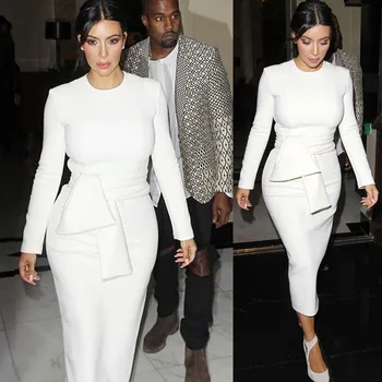 

BGW HT4112 White Scoop Neck Straight Pleat Cocktail Dresses Long Sleeve Zipper Back With Sashes Robes Cocktail Pour Mariage 2020