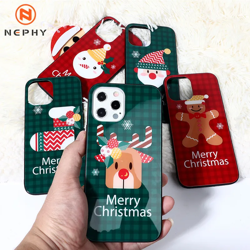 Christmas Cartoon Tempered glass Case for iPhone 11 12 Pro XS Max X XR SE 2020 6 6s 7 8 Plus Gift Deer Phone Cover casing | Мобильные