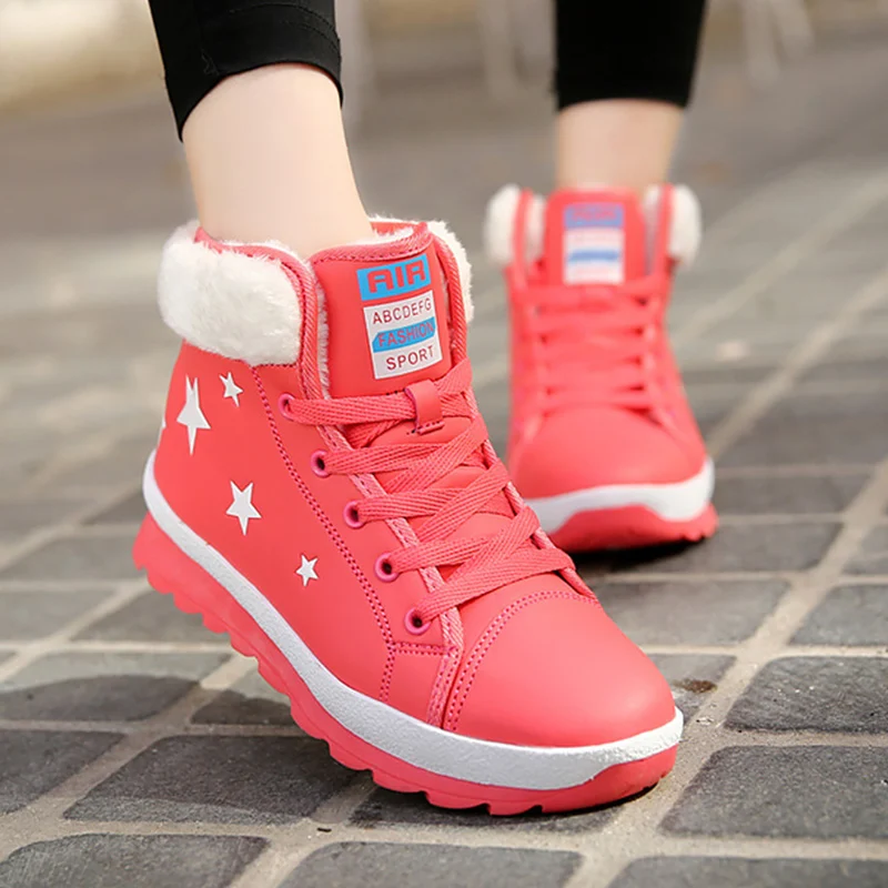 

PU Leather Boots Woman Winter Lace Up Star Beautiful Ankle Boots For Women Rubber Wedges Snow Boots Women Platform Shoes