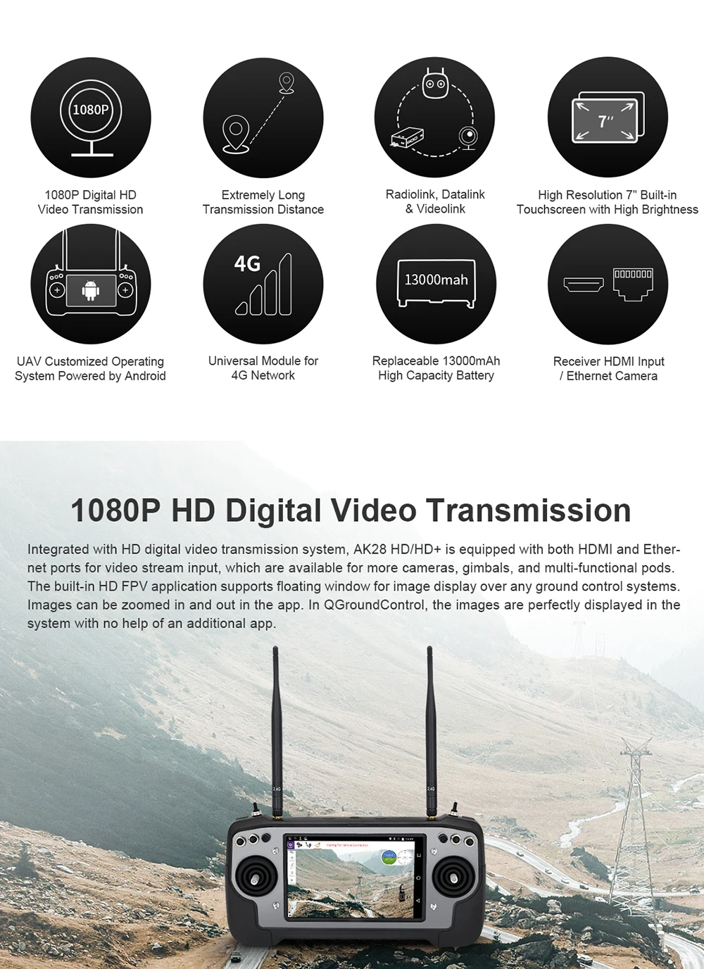 CUAV AK28 - Agriculture FPV Android Smart Remote Controller Radio Transmitter 7-Inch Screen for Spraying Drones 14CH 2.4G 2KM 9 CUAV AK28, built-in HD FPV application supports floating window for image display over any ground control systems