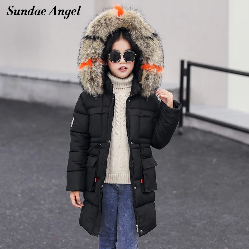 

Sundae Angel Girls Winter Jackets With Fur Collar Parkas Outerwear Hooded Solid Drawstring Girls Long Coat Cotton Padded Jacket