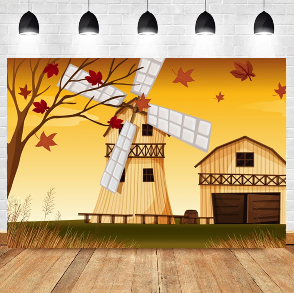 

Laeacco Autumn Scenery Maple Leaf Farm Windmill Room Decor Birthday Backdrop Photographic Photo Background For Photo Studio