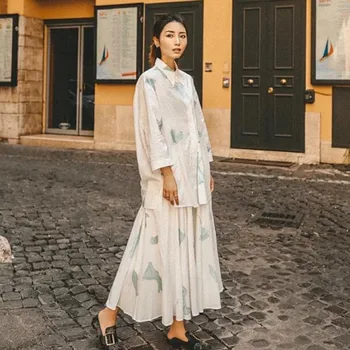 

2020 New Women's Print Shirt Ladies Loose Long Sleeve Blouses And Tops Or Causal Ladies Midi Skirt Female Pleated Skirts