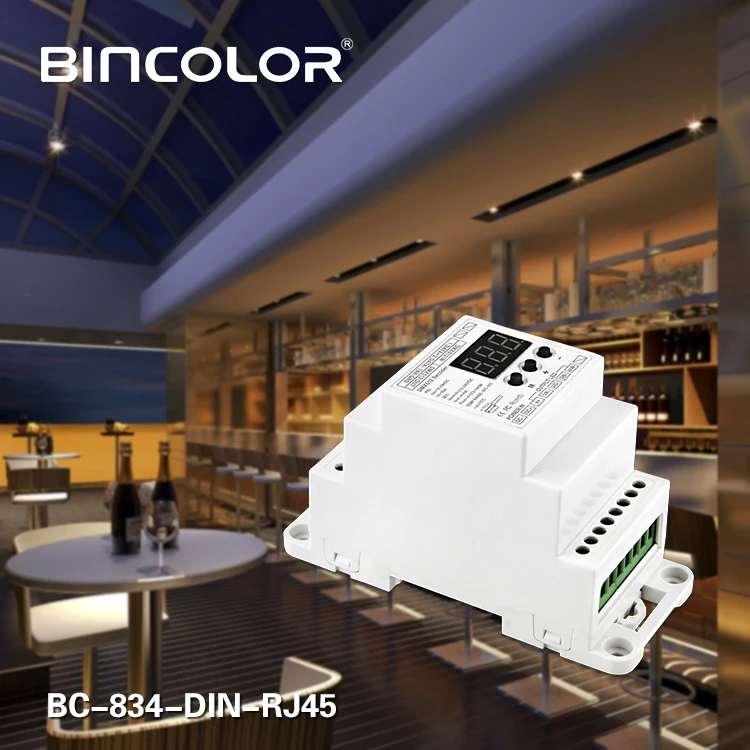 

New BC-834-DIN-RJ45 DIN Rail DC12 24V 6A*4CH output,4CH Constant voltage DMX512/1990 Decoder controller for led strip, lamp