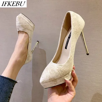 

2020 High Heels Pump Women Pointed Toe Shoes Sexy Platform Heel Slides Slip on Shallow Stilettos Zapatos Mujer Black Gold Silver
