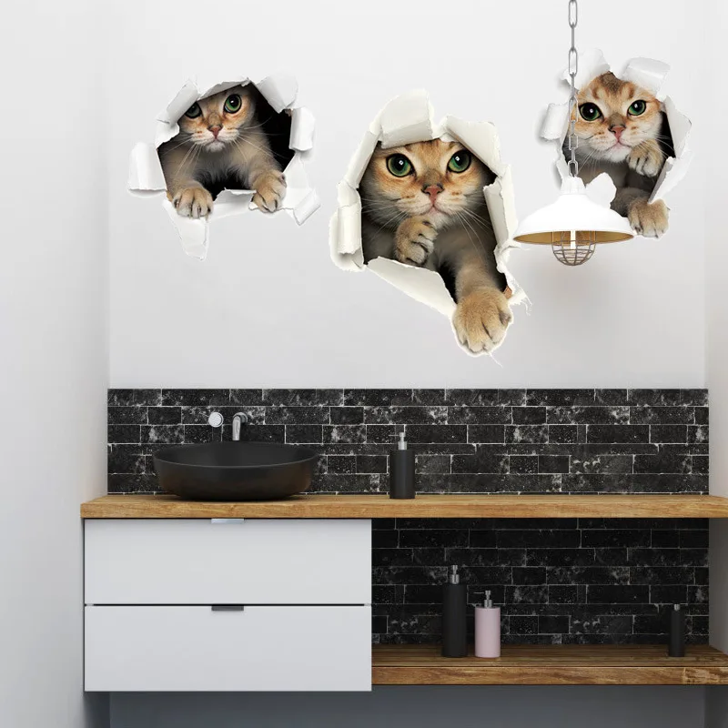 Наклейки на стену в виде котенка с 3D отверстиями Мультяшные обои для ванной