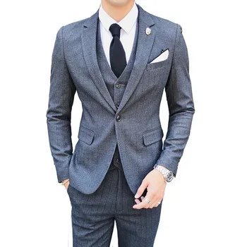 

2020 Men's Fashion Dark Stripe Printed Slim Fit 3 Suit Piece Set / High Quality Plus Size Business Coat Vest Pants Blazer