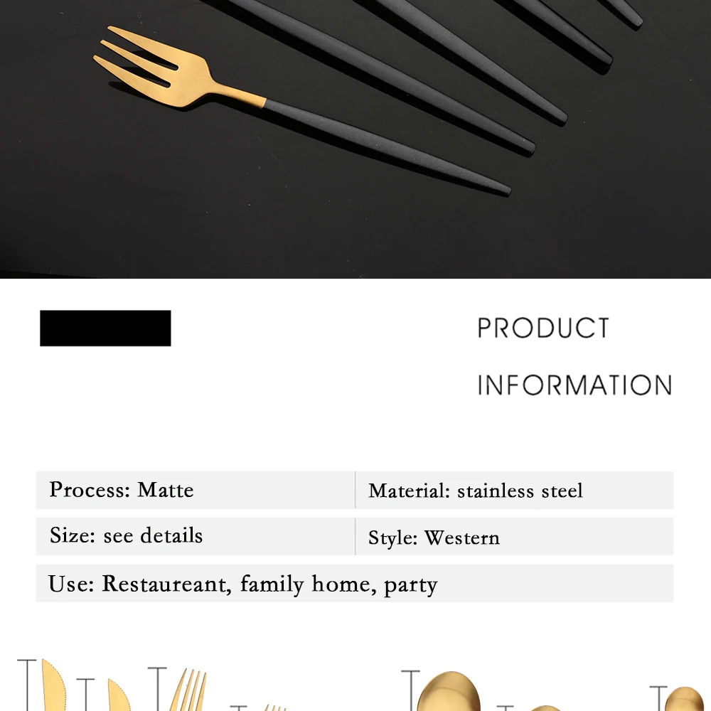 Description Picture 4 of itemTableware Stainless Steel Black Gold Flatware Cutlery Set Dinnerware Dinner Knife Coffee Spoon Fork Salad Fork Spoon Silverware