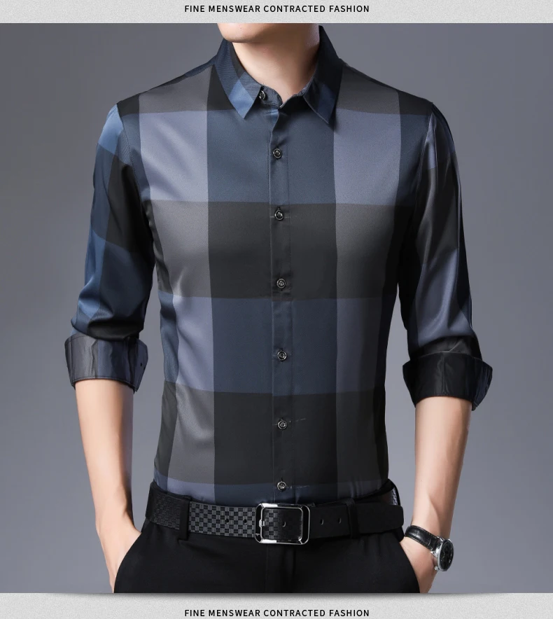 Брендовая Повседневная Роскошная облегающая Мужская рубашка в клетку с длинным рукавом, уличная одежда, осенняя мужская рубашка, модная футболка 92339