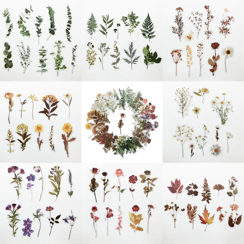 80Pcs/Set Simulation Flowers Leaves Stickers Transparent PET Sticker DIY Diary Calendar Decoration Scrapbooking Plant Sticker