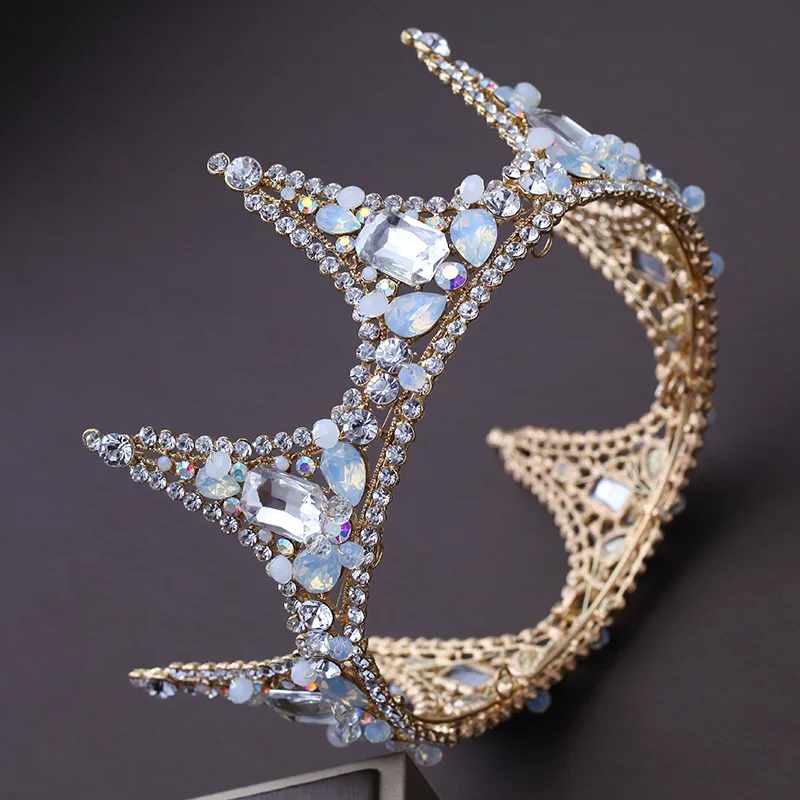 

Gold Baroque Europe And America Crystal round Crown Opal Man-made Diamond Bride Marriage Crown Wedding Dress Accessories
