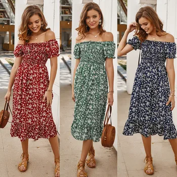 

dress Fashion women dress Women Bohemia Floral Print Bandeau Strapless Short Sleeve Sundress Dress платье женское Free Shipping