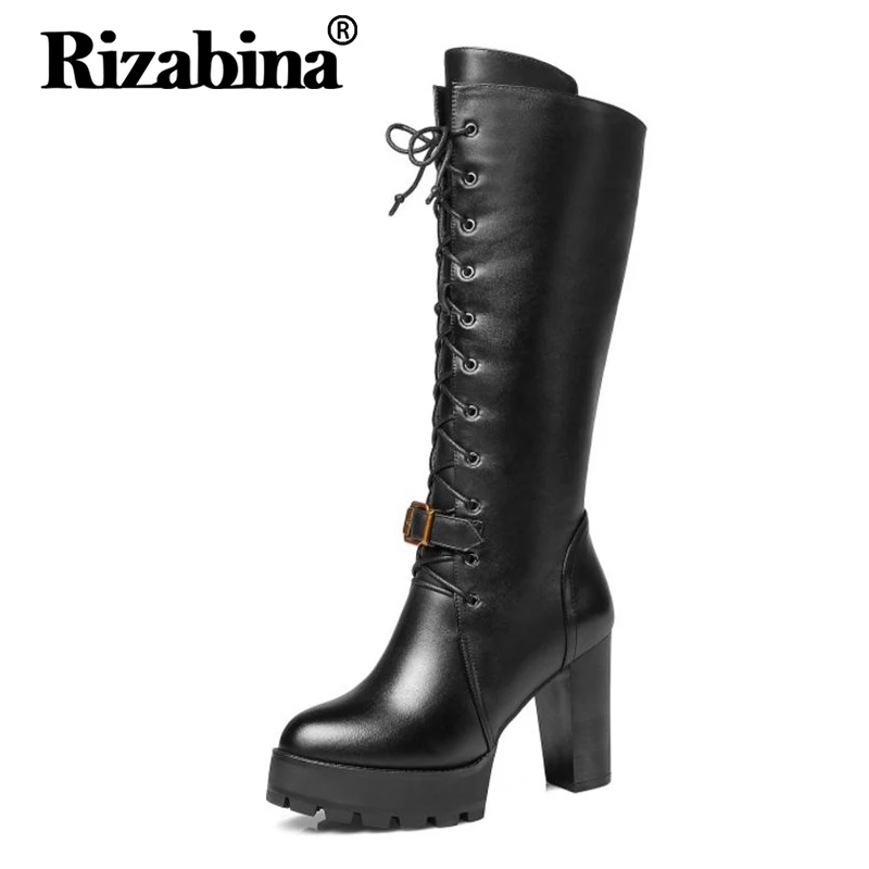 

RizaBina Sexy High Heels Women Real Leather Boots Metal Buckle Platform Women Shoes Fashion Warm High Heels Boots Size 33-40