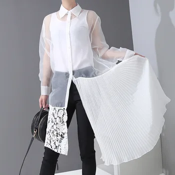 

Women Long White Shirt Dress See Through Chiffon Long Blouse Dress Lace Patchwork Asymmetrical Spring Summer Fashion Midi Dress