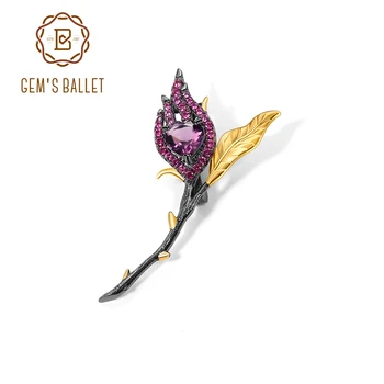 

GEM'S BALLET Natural Amethyst Gemstone Brooches For Women 925 Silver Handmade Bud Brooch Heart Burnt in Love Original Jewelry