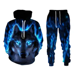 Pull à capuche pour homme, ensemble de vêtements de sport, survêtement à manches longues, avec Animal féroce, loup imprimé en 3D, automne et hiver 