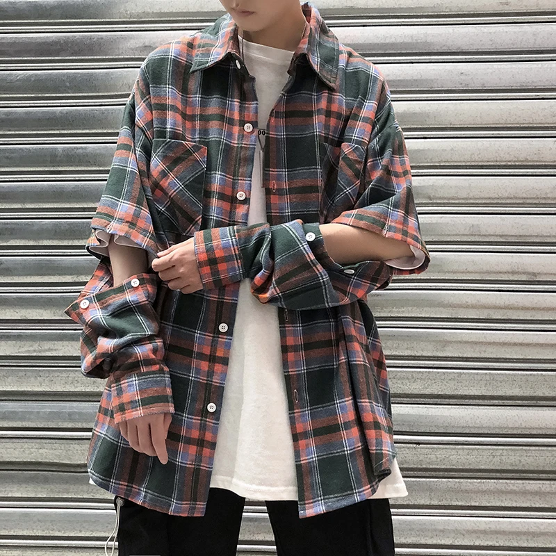 

Autumn New Plaid Shirt Men Fashion Retro Casual Sleeves Detachable Shirt Man Streetwear Wild Loose Long-sleeved Shirts Men