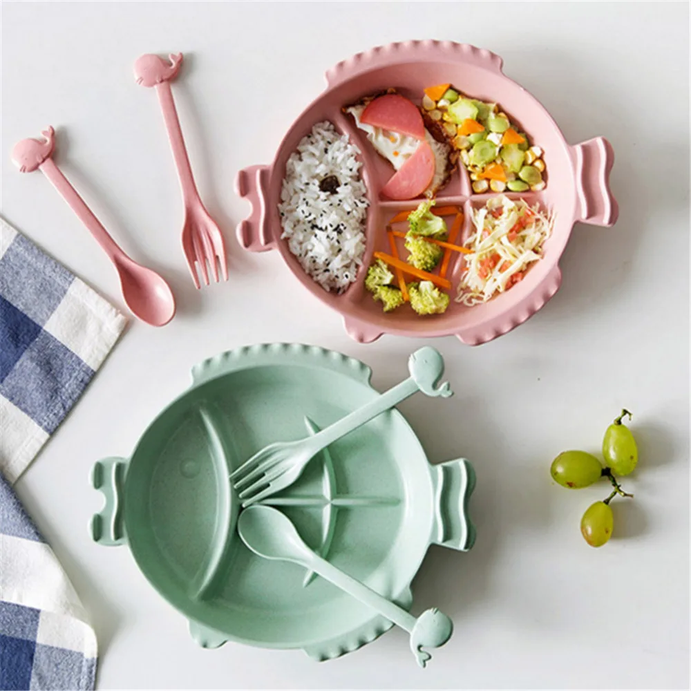 

3 pcs Infant Wheat Straw Fish-shaped Partition Plate Baby Feeding Fruit Snack Dinnerware Tableware Kids Feeding Training Dishes