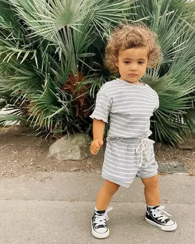 

Baby Shirt Pants Suit Summer Loose Clothes Short Sleeve Stripes Unisex Round Collar Sports Cotton