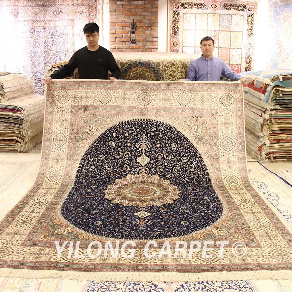 YILONG 8 'x 10' синий медальон ручной работы Шелковый персидский ковер для гостиной