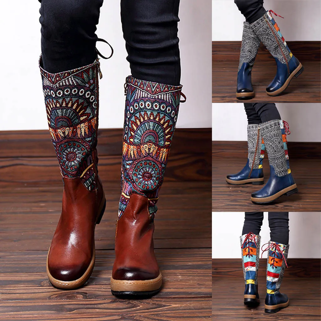 

Women Boots New Ankle Boots Indian Pattern Embroidery Lace Shoe Splicing Pattern Flat Bohemian style Knee Boots bota feminina