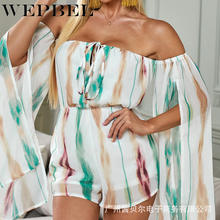 WEPBEL Casual Short Sleeve Off Shoulder Sexy Corset Jumpsuit Split Print Romper Overalls Women Summer Boho Playsuit