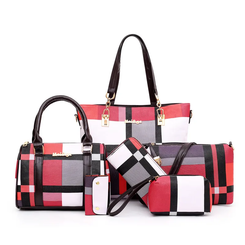 Women Luxury Handbags Sets 6 Pcs/set Women Plaid Colors Handbag Female Shoulder Travel Shopping Composite Bag Female Casual Tote