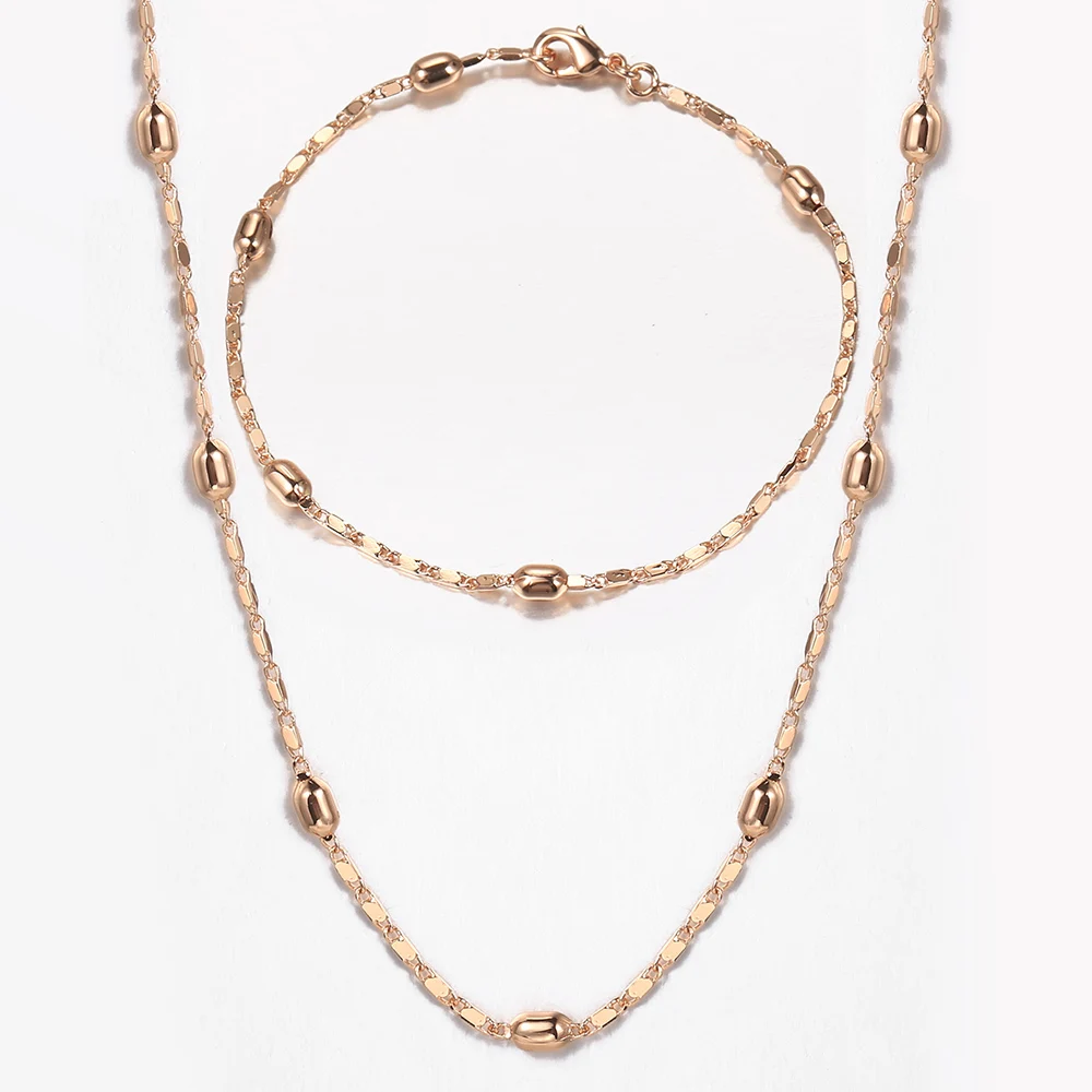 Jewelry Set 2mm 585 Rose Gold Color For Women Girls Beaded Bracelets Necklaces Set Bead Chain Wedding Jewelry Gift jewelry sets,jewelry set