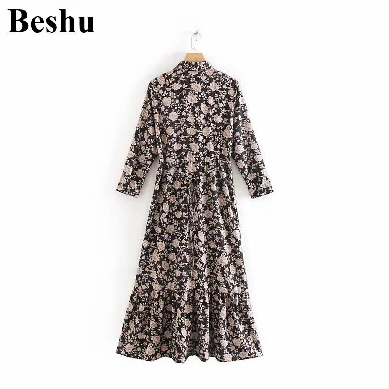Модное платье ZA с отложным воротником цветочным принтом vestidos свободное высокой