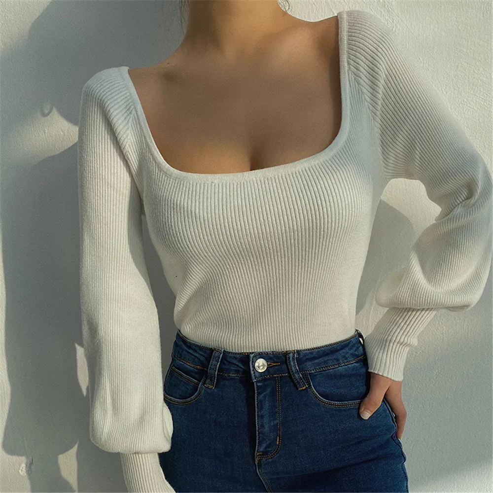 

2020 Autumn Women's Show Chest Sexy Shape Low Square Neck Sweater High Waist Exposed Collarbone Knit Tops Sweater Solid-color