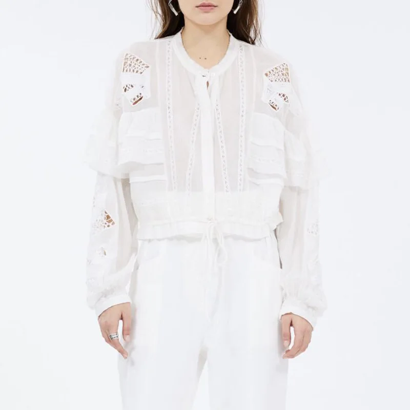 MIAOQING Ruffled patchwork shirt for women O cutouts with long sleeves and bow bandages for summer