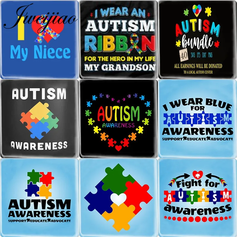 JWEIJIAO Autism Awareness Pattern Square Shape 12mm DIY Glass Cabochon DIABETES Emergency Medical Alert Jewelry Accessories | Украшения и