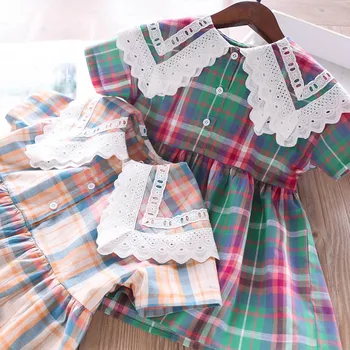 

Summer Girls Lace Square Collar Plaid Dress Children's Clothing Wholesale