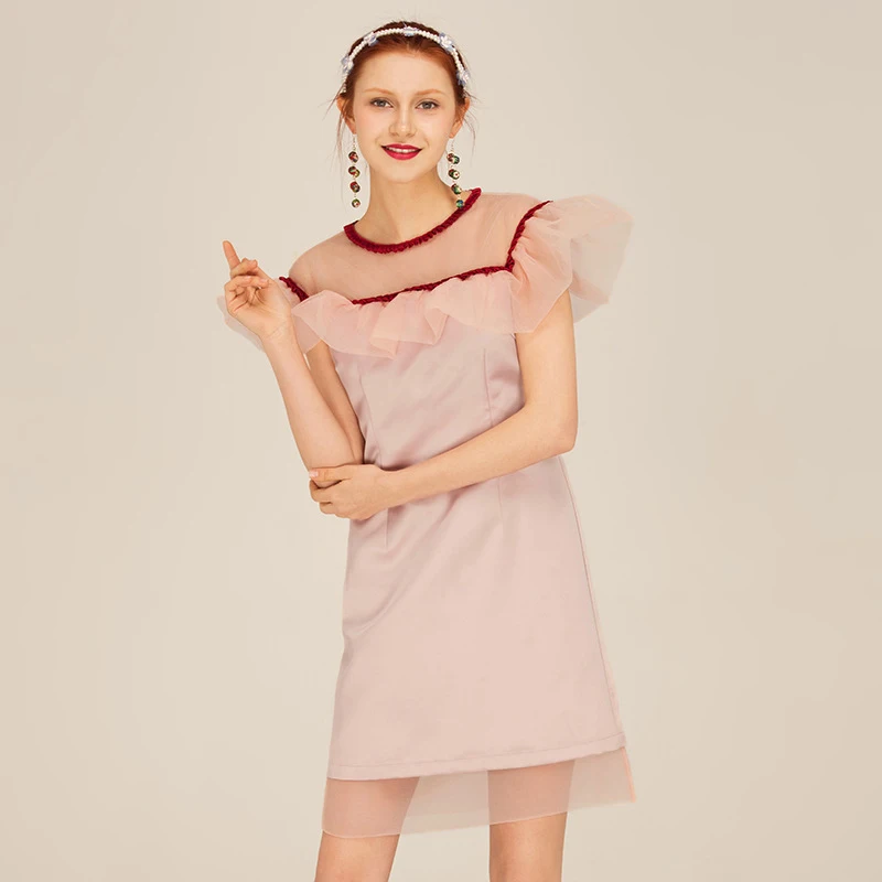 

High Quality 2019 New Fashion Elegant Woman Sweet Mini Dress Ruffles Patchwork High Waist Mesh Short Dress Party Club Vestidos