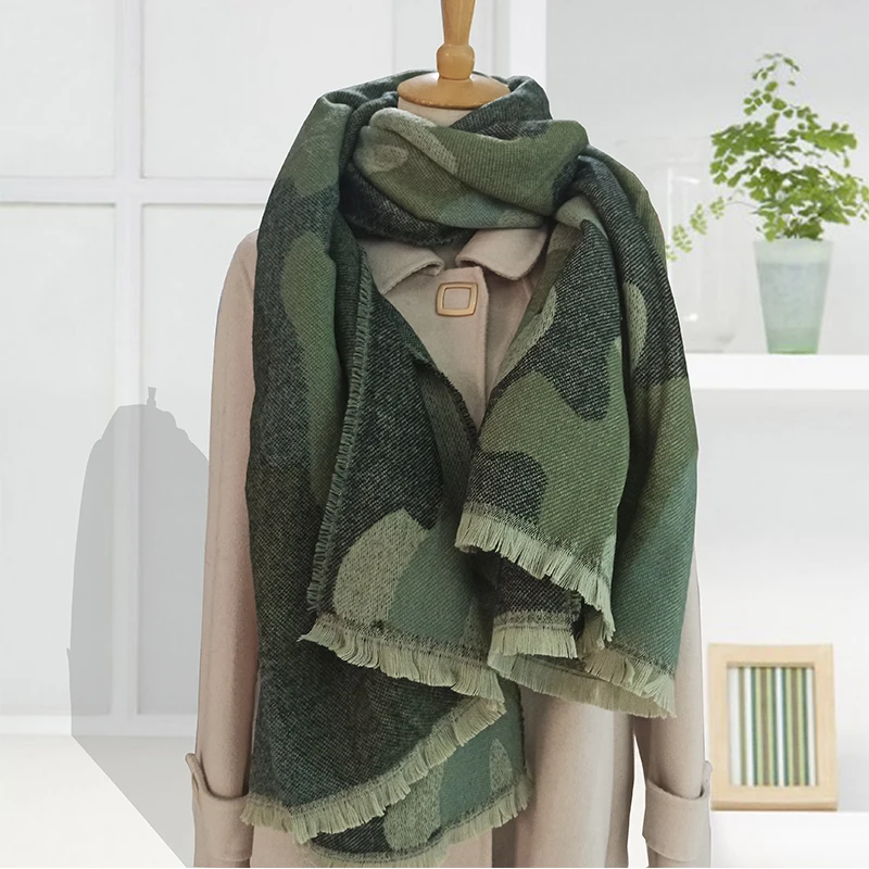 2022 Winter Leopard Print Cashmere Scarf Women Green Warm Thick Wool Shawl for Women Scarves and Shawls Ladies Ponchos and Capes