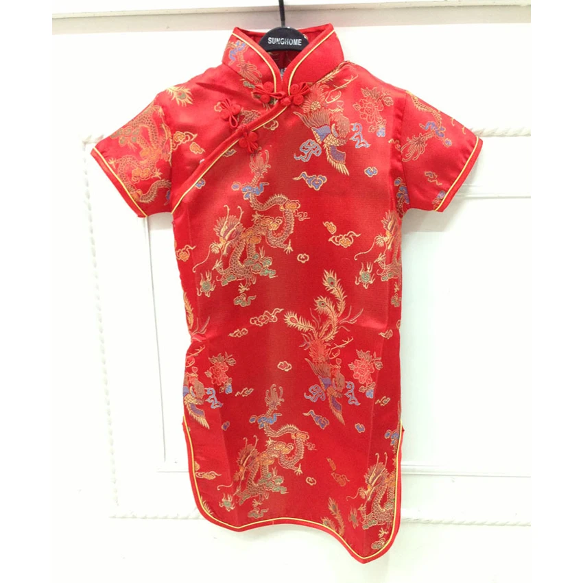 Chinese Traditional Costumes Princess Girls Dress Cheongsams Hanfu Tight Dragon&Phoenix Floral Kids Girls Kimono Satin Dress