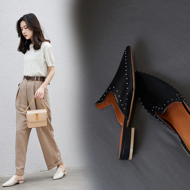 

2019 Spring New Style Europe And America Fashion Rivet Outer Wear Slipper Genuine Leather Pointed-Toe Casual Slip-on Flat Semi-S