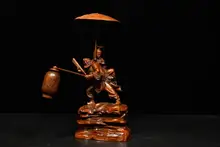 

7" China Collection Old Boxwood Zhong Kui statue Fight ghosts Zhong Kui married sister Take a folding fan Ward off evil spirits
