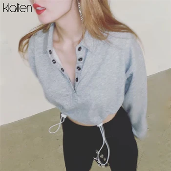 

KLALIEN Women Turn-down Collar Button Loose Sweatshirts Long Sleeve Bottom Drawstring Basic Pullovers Lady Solid Short Tops 2020