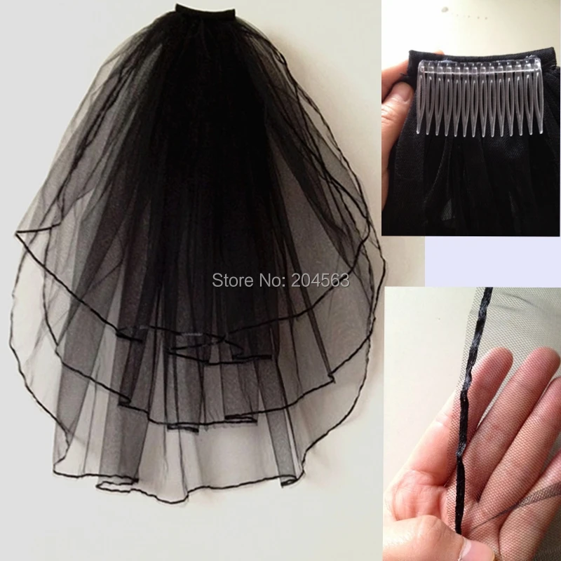 

Short Three-Layer Wedding Bridal Veils with Ribbon Edge Tulle Black Veil for Wedding Party with Comb