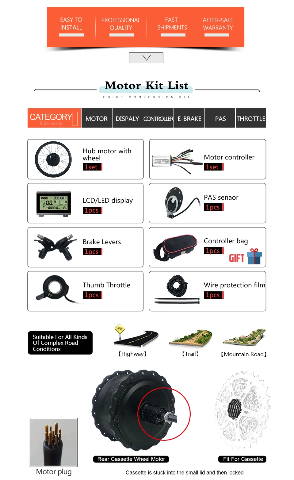 SOMEDAY 36V/48V 500W Snow Bike Electric Bicycle Conversion Kit 20 26 Inch Wheel Rear Cassette Hub Motor for Fat Tire Bike