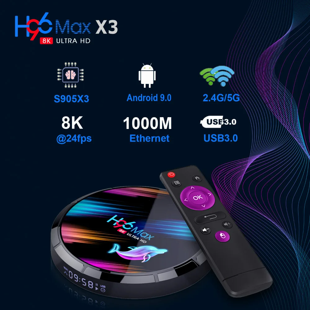ТВ приставка H96 Max X3 Android 9 0 8K 64 битный четырехъядерный Amlogic S905X3 x 4K 24 fps 2K 30fps 4G 128G