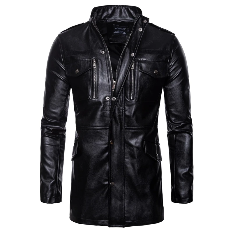 Autumn Motorcycle Leather Jacket Men Long Windbreaker Coat High Quality PU Leather Jacket Male Multi-Pocket Leather Jacket,B036