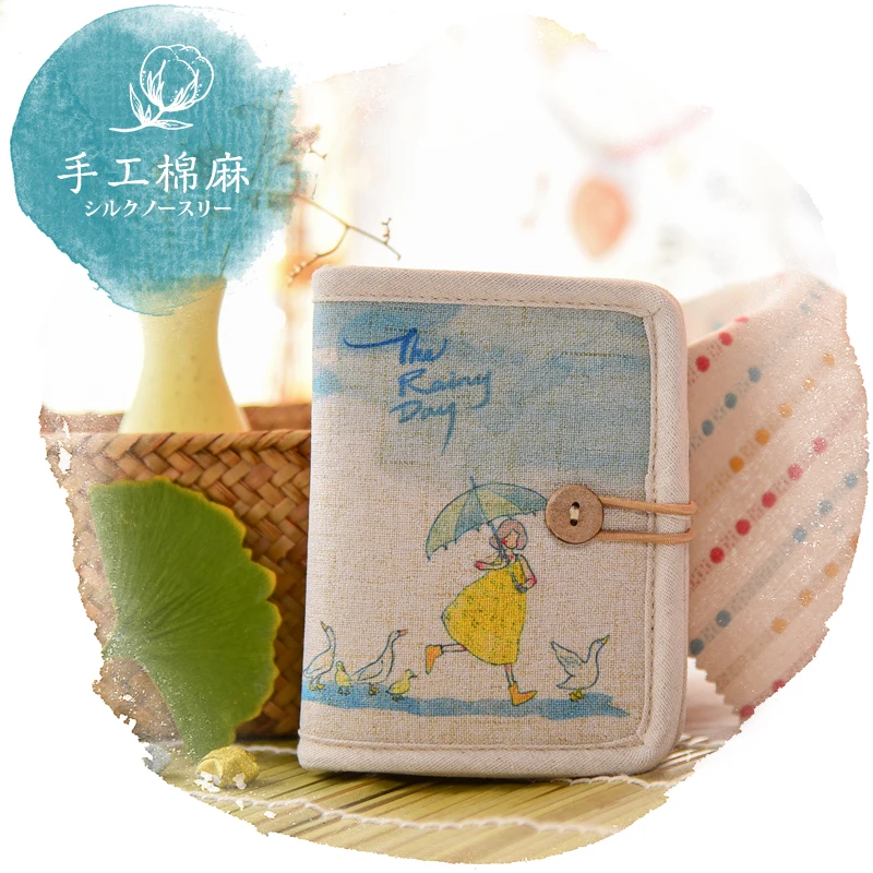 Rainy season duck Японский кошелек Hefeng ручной работы женский короткий складной хлопковый и пеньковый Ретро маленький свежий диск кнопка маленький кошелек сумка - Цвет: Rainy season duck