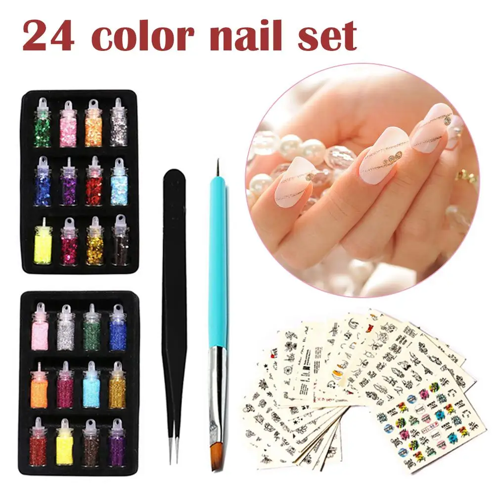 Nail Sequins Colorful Glitter Powder Sticker Manicure Nail Art Decals with Brush Tweezers for Women