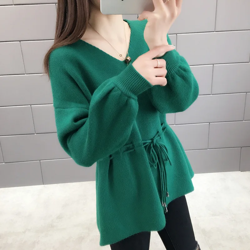 

Lace up waistband V-neck knitted top new autumn and winter sweater 2019 women's loose outside autumn and winter bottoming