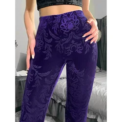 Pantalon gothique Vintage en velours pour femme, évasé, taille haute, Streetwear, élastique foncé, imprimé plante, automne hiver, Y2k 