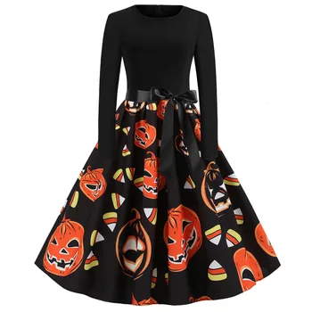 

New Halloween Pumpkin Print Dress Women Long Sleeve O-Neck Zipper Hepburn Party Dress Ladies Eleagnt Vestidos De Fiesta z0828