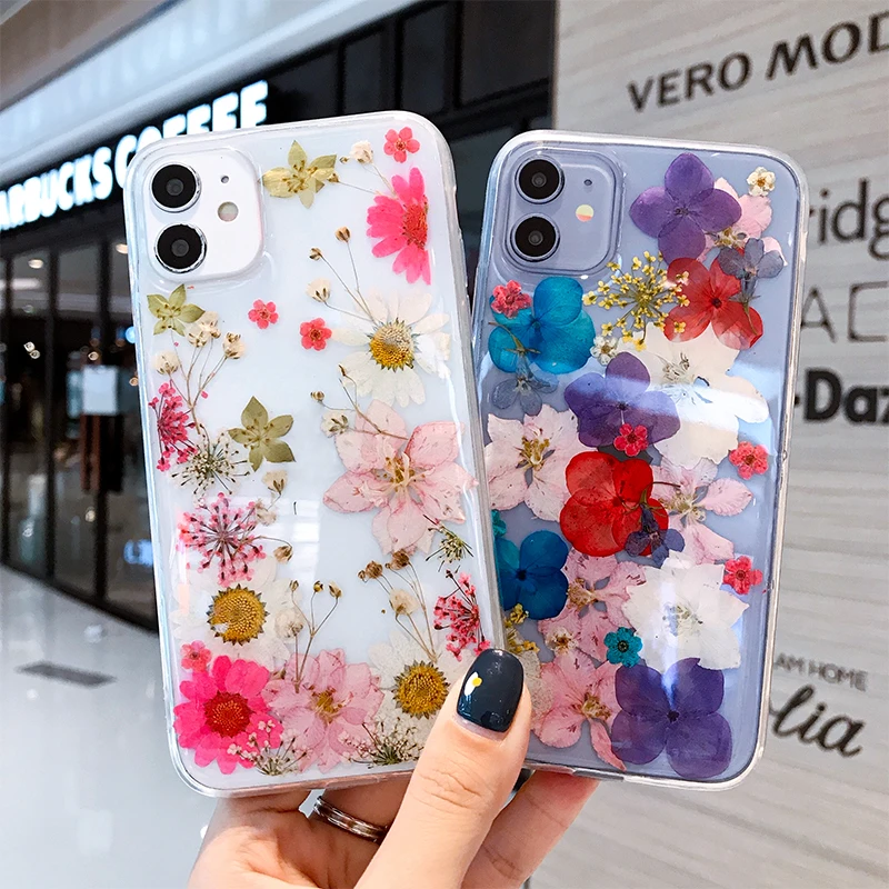 Dried Real Flowers Case For iPhone 12 11 Pro Max Mini Case Silicon Phone Bumper On iPhone SE 2020 XR 8 7 Plus X XS Covers Fundas