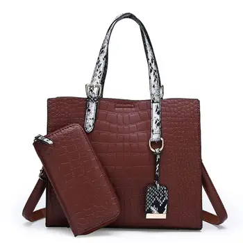 

1 Set Ladies Handbag Solid Color Leather Grain with Wallet Elegant Style Bag